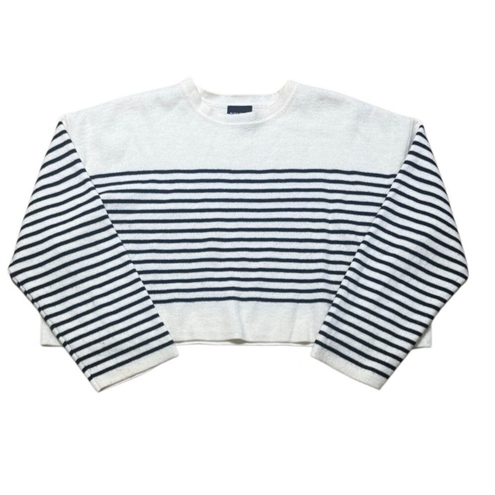 Miou Muse Oversized Striped Boxy Crop Sweater Black Cream Wool Blend Small